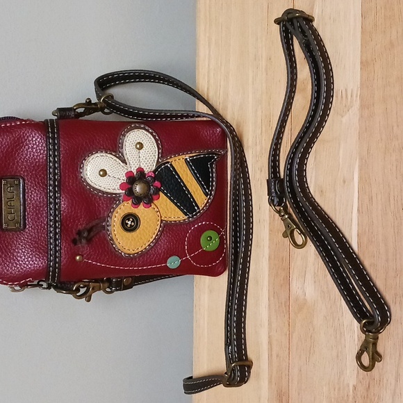 Chala Cellphone Bee Crossbody Bag Burgundy Vegan Leather - Picture 11 of 13
